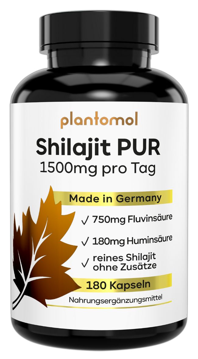 Braune Kapsel-Dose mit Etikett. Schriftzug: plantomol Shilajit PUR 1500mg pro Tag. Enthält 180 Kapseln. Hergestellt in Deutschland.
