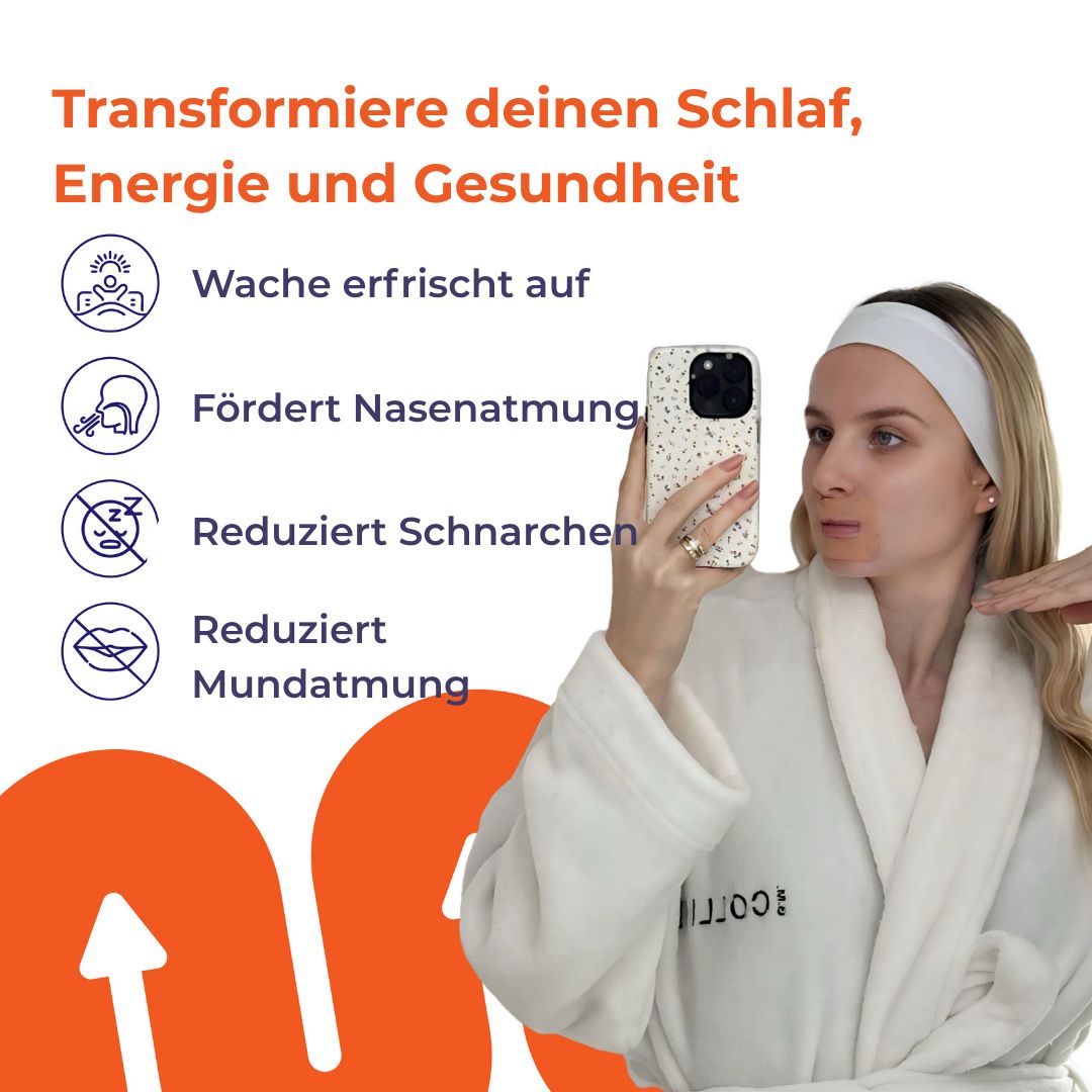 Frau mit Stirnband und Smartphone. Text: Transformiere deinen Schlaf, Energie und Gesundheit. Vorteile.