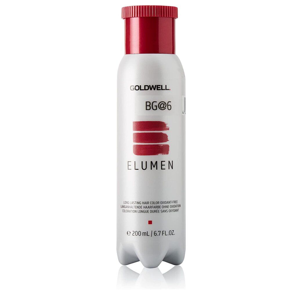 Flasche mit rotem Verschluss. Aufschrift: GOLDWELL, BG@6, ELUMEN. Text: Long-lasting hair color. 200 ml.