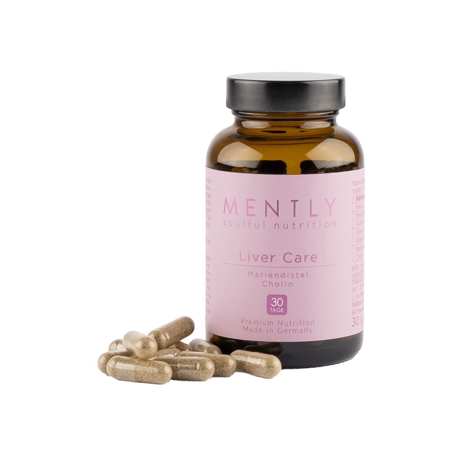 Braune Glasflasche mit rosa Etikett. MENTLY Liver Care, Mariendistel & Cholin. 30 Tagesdosen. Kapseln liegen daneben.