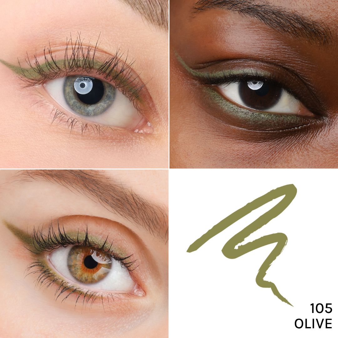 Vier Augen mit grünem Eyeliner. Farbton 105 Olive. Gezeichnete Linie.