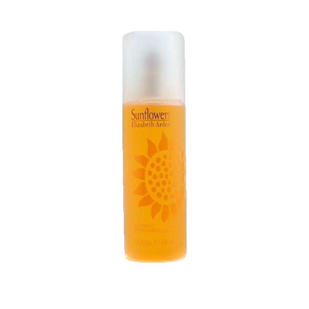 Zylindrischer Behälter mit orangefarbener Flüssigkeit. Aufschrift: Sunflower, Elizabeth Arden. Sonnenblumen-Design.