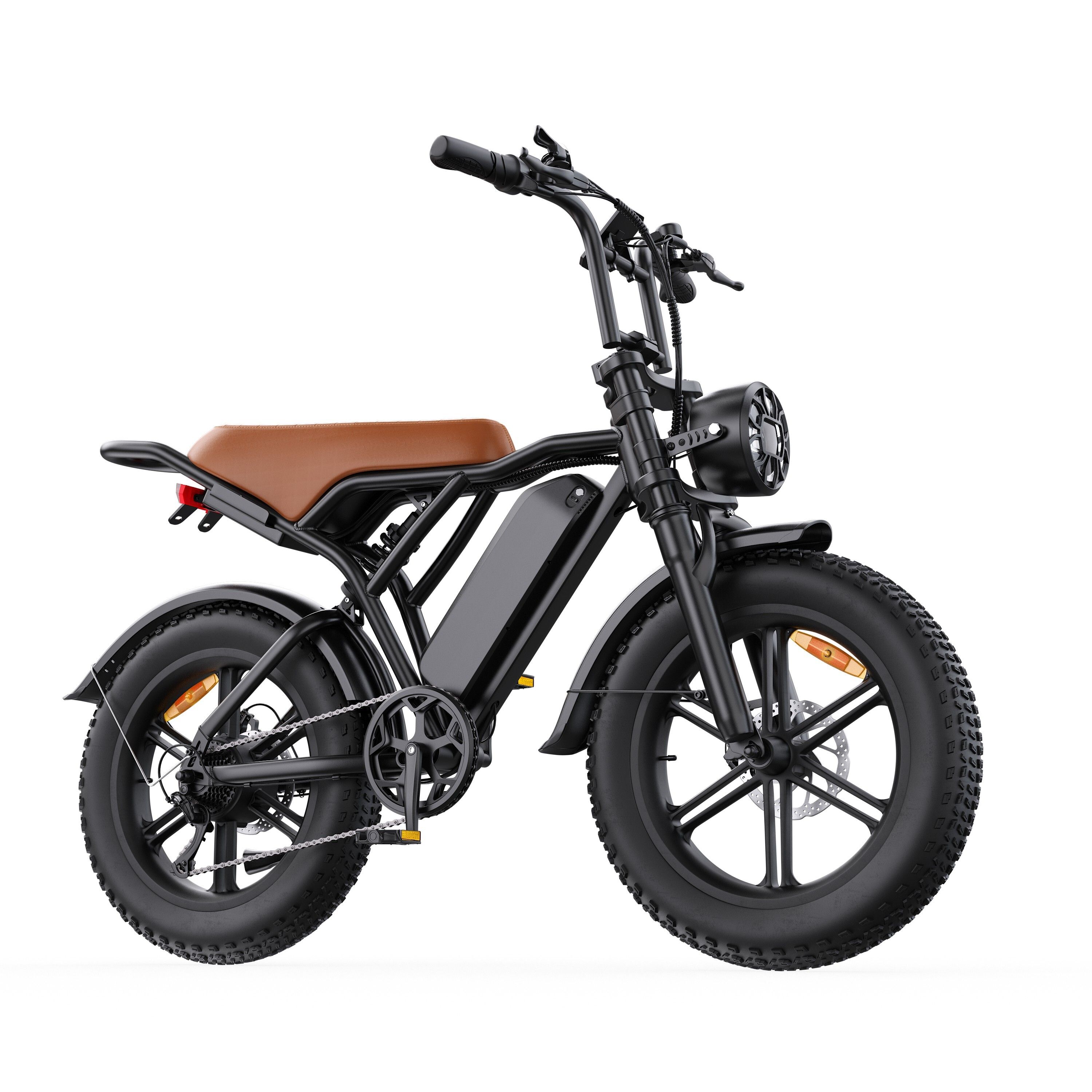 Schwarzes E-Bike mit braunem Sattel. Breitreifen, Scheinwerfer, Gepäckträger. 7-Gang-Getriebe.
