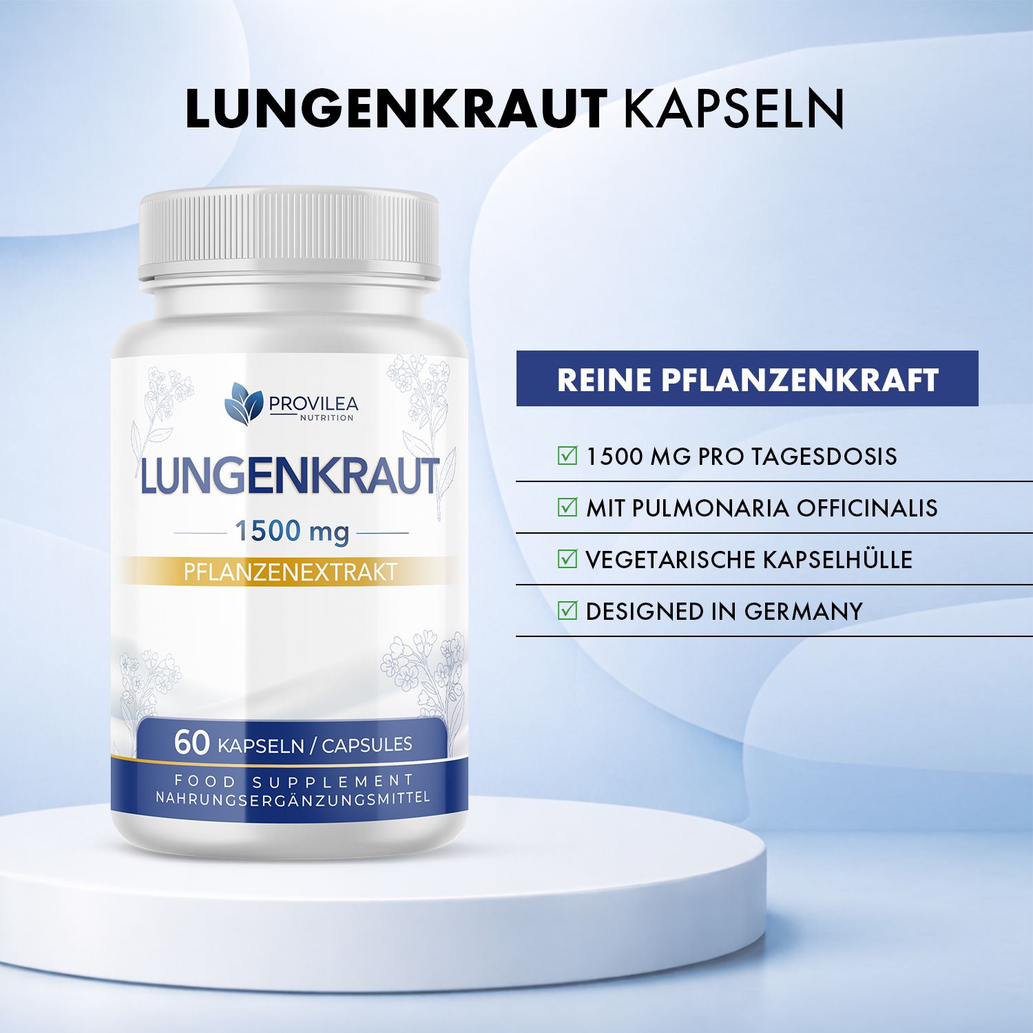 Weiße Flasche Lungenkraut Kapseln. Aufschrift: 1500 mg, 60 Kapseln. Reine Pflanzenkraft. Mit Pulmonaria officinalis. Made in Germany.