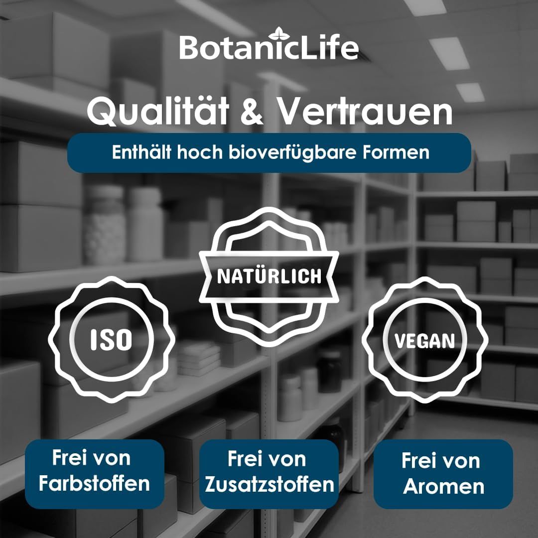 Regal mit Produkten. Text: Qualität & Vertrauen, enthält hoch bioverfügbare Formen. ISO, Natürlich, Vegan.
