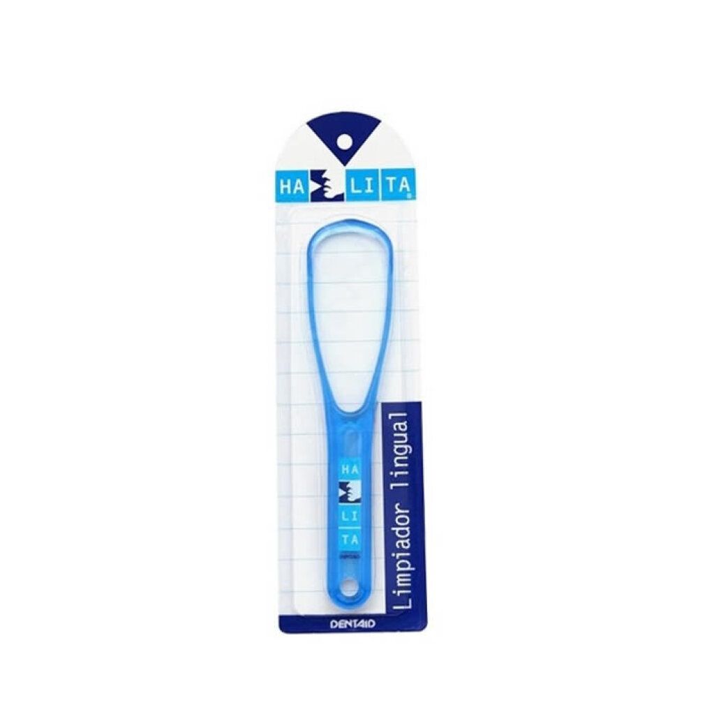 Blauer Zungenreiniger in Blisterverpackung. Produktname auf der Verpackung.