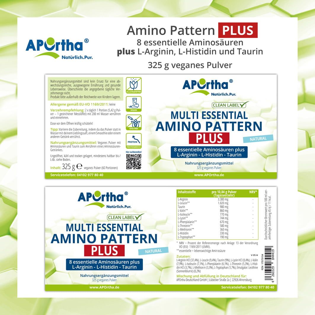 Zwei Etiketten mit Produktinformationen. APOrtha®-Logo, Produktname, Inhaltsstoffe, Nährwerttabelle und Kontaktinformationen.
