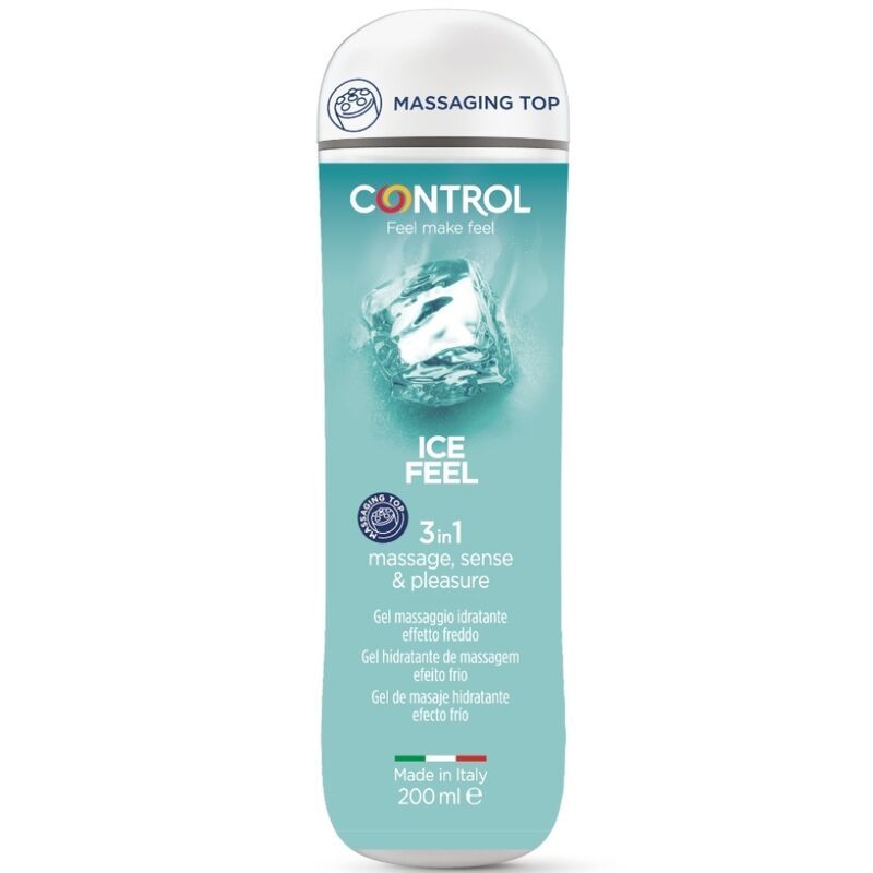 Türkisgrüne Flasche mit weißem Deckel. Aufschrift: CONTROL, ICE FEEL, 3in1. Gel für Massage, Sinnlichkeit & Vergnügen. Hergestellt in Italien.