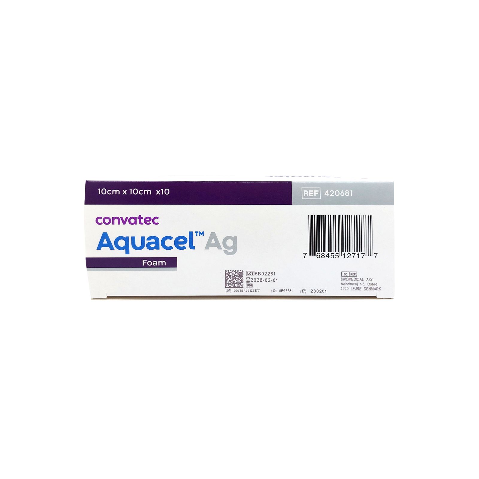 Schachtel mit AQUACEL Ag Foam, 10x10 cm. Enthält Produktinformationen und Barcode. Marke Convatec.