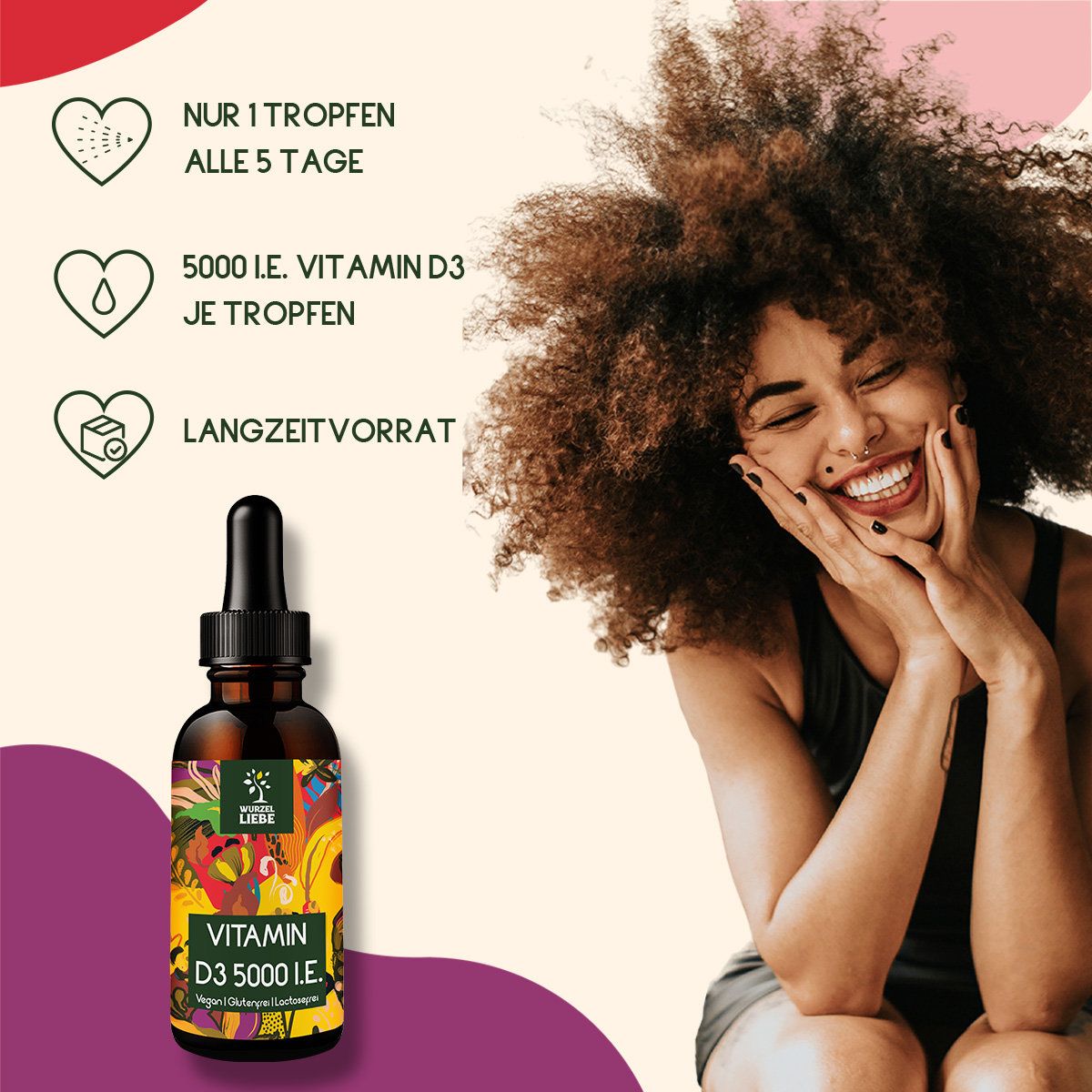 Braune Glasflasche mit Tropfer. Aufschrift: Vitamin D3 5000 i.E. Frau lächelt. Text: Nur 1 Tropfen alle 5 Tage.