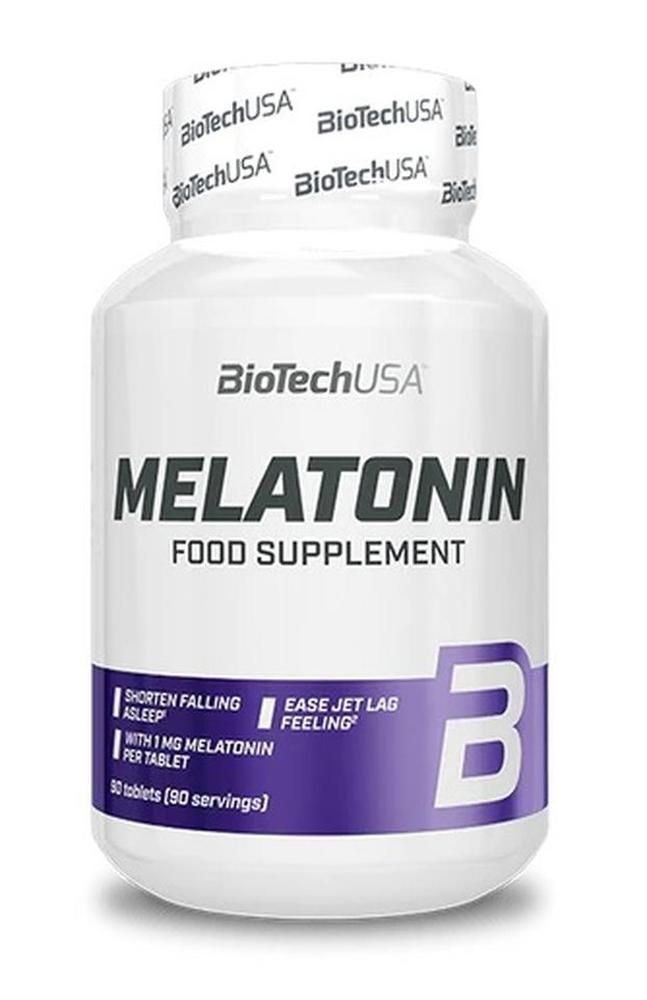 Weiße Flasche mit "MELATONIN" und "BioTechUSA" Aufschrift. Enthält 90 Tabletten. Lila Akzent mit Informationen.
