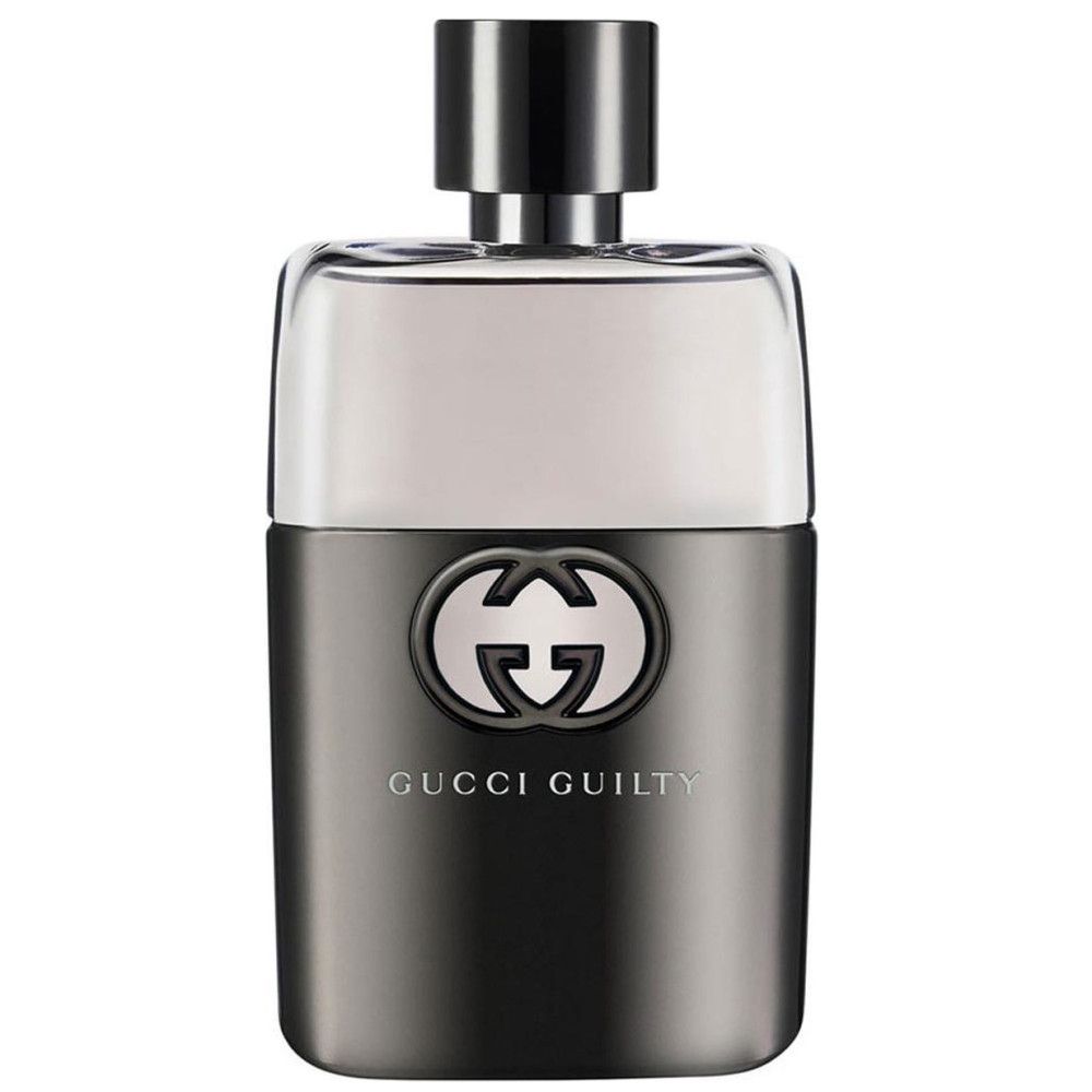 GUCCI Guilty Homme Flakon. Grauer Flakon mit silbernem Verschluss. Logo auf der Vorderseite. Glasflakon.