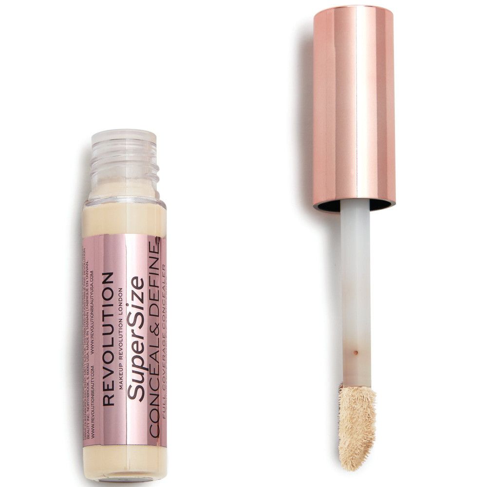 Concealer-Fläschchen und Applikator. Aufschrift: Super Size Conceal & Define. Rosegoldfarbener Deckel.