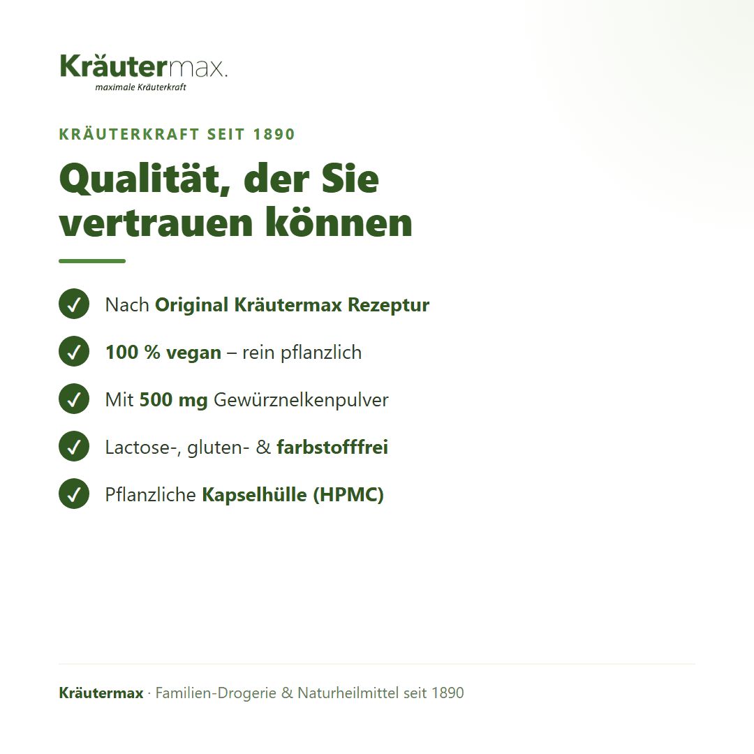 Qualitätsmerkmale von Kräutermax: Nach Originalrezept, 100% vegan, 500mg, laktosefrei.