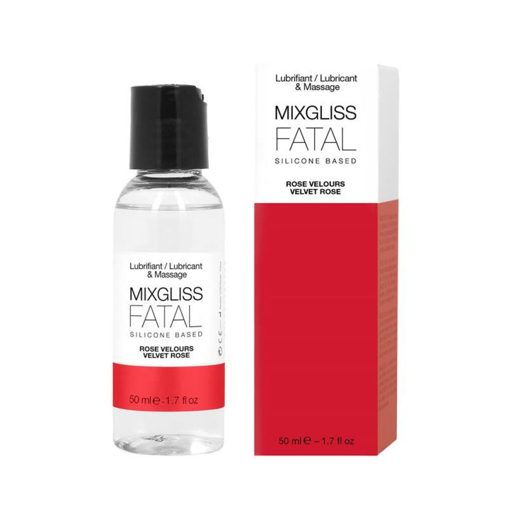 Flüssigkeit in Flasche mit schwarzem Deckel und roter Verpackung. Aufschrift: Mixgliss Fatal, Rose Velours.