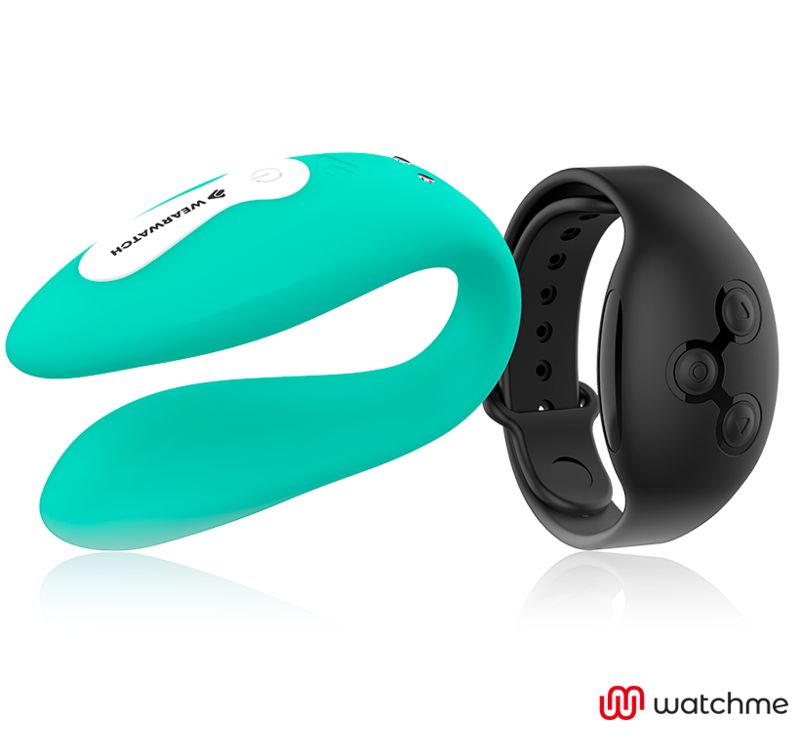 Türkiser Wearwatch Dual-Technologie Vibrator neben schwarzem Watchme Armband-Controller.