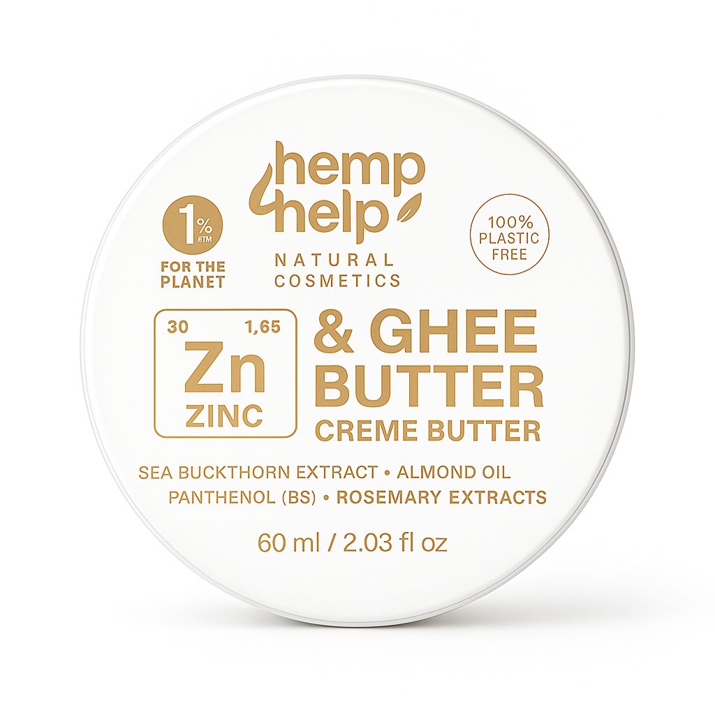 Runde Dose mit weißem Deckel. Aufschrift: Hemp Help, Zink & Ghee Butter Creme. 60 ml. 1% für den Planeten, 100% plastikfrei.