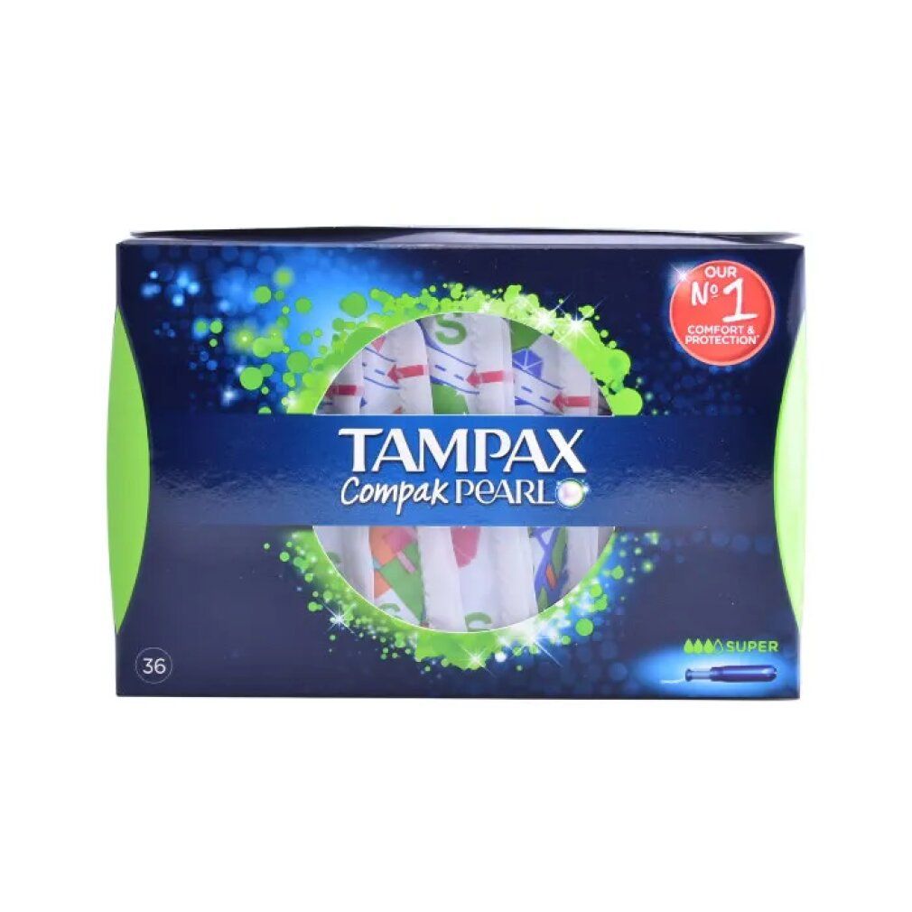 Tampax Compak Pearl Super, 36 Stück. Verpackung mit Tampons. Blaue Verpackung mit grünen Akzenten und Produktlogo.