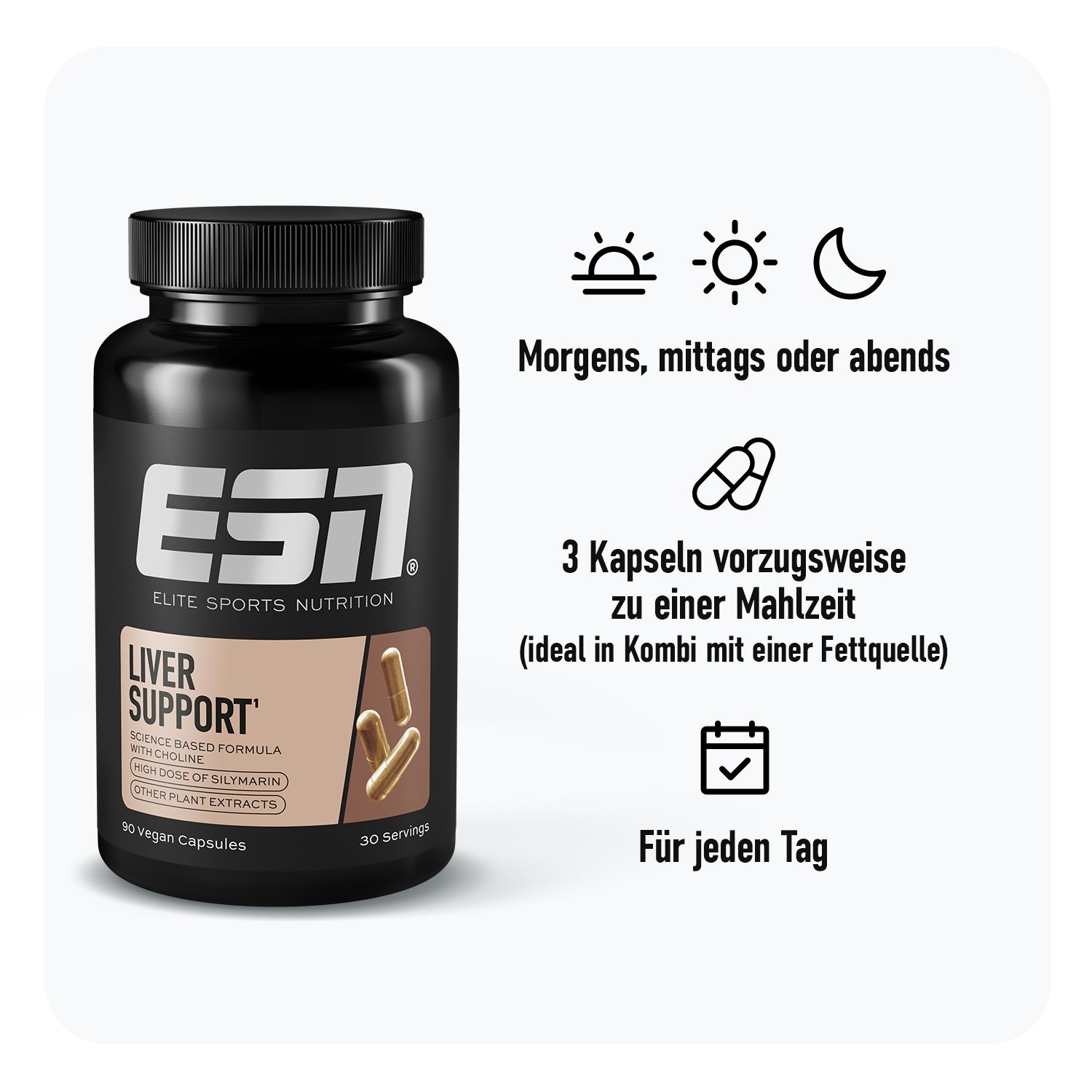 ESN-Flasche mit 'Liver Support' und Kapseln. Text: Morgens, mittags oder abends. 3 Kapseln zu einer Mahlzeit. Für jeden Tag.