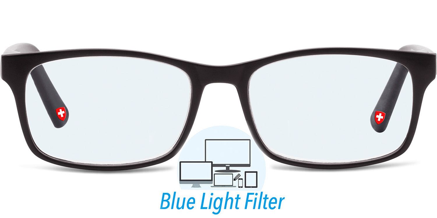 Schwarze Brille mit rechteckigen Gläsern. Schweizer Kreuz an den Bügeln. Text: Blaulichtfilter. Grafik: Bildschirme.