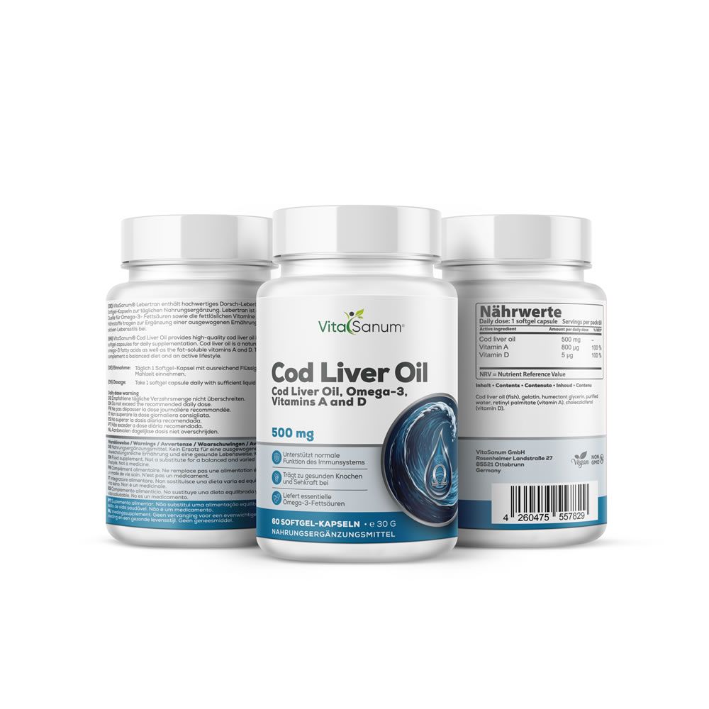 Drei VitaSanum® Cod Liver Oil-Flaschen. Enthält Omega-3, Vitamin A und D. 500 mg pro Kapsel. 90 Kapseln.