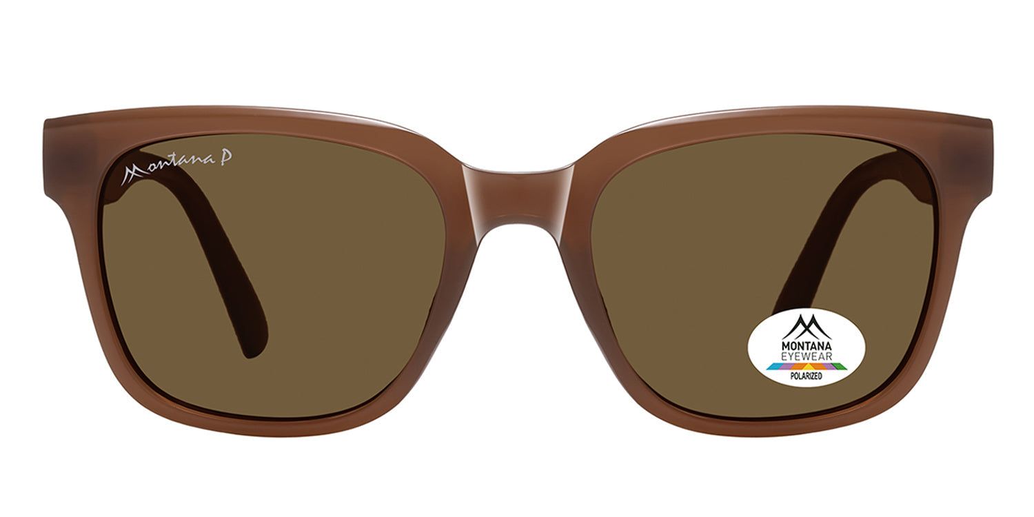 Braune Sonnenbrille mit braunen Gläsern. Montana Eyewear Logo auf dem Bügel und Glas. Polarisiert.