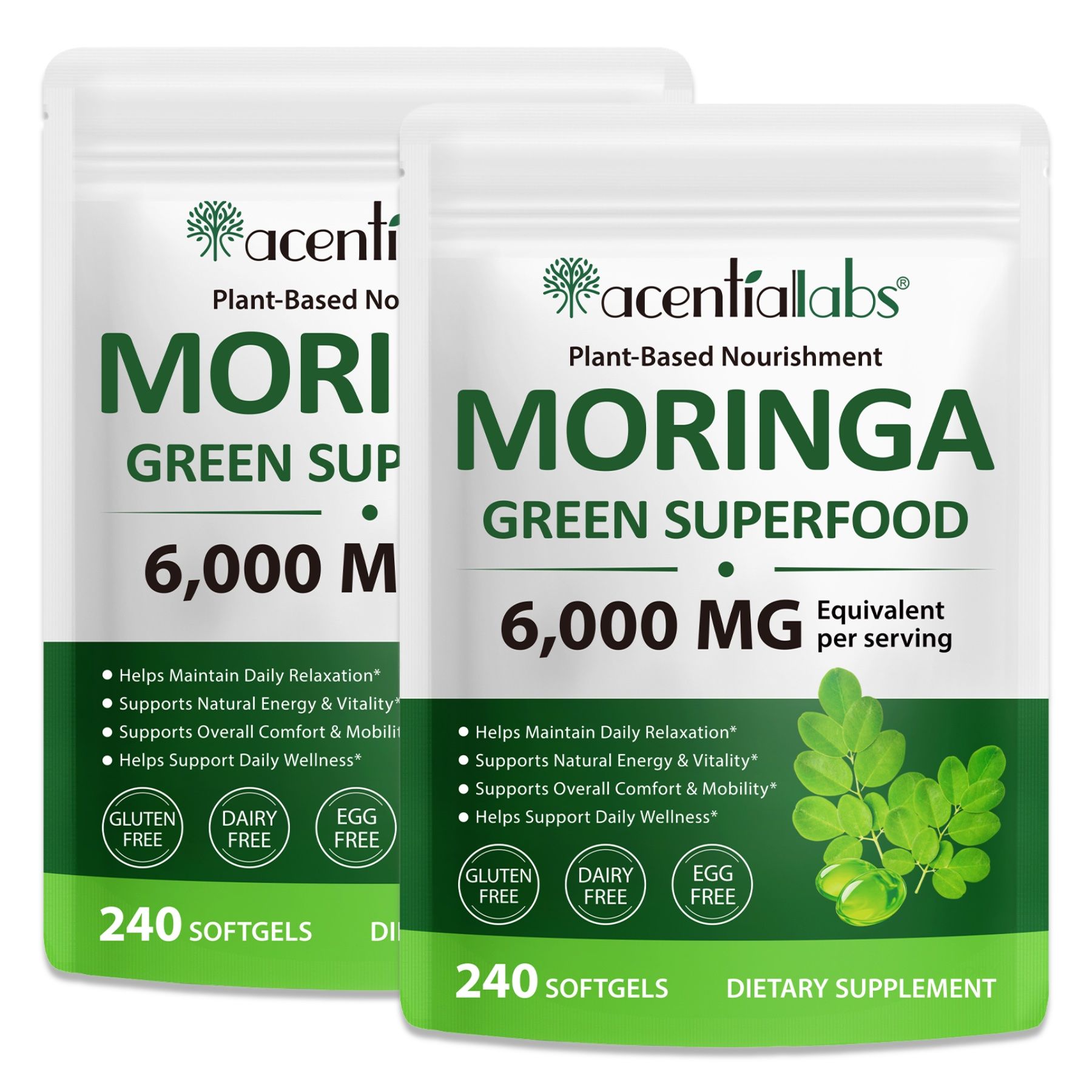 Zwei Beutel mit Softgels. Text: Moringa Green Superfood, 6.000 mg. Text: Glutenfrei, Milchfrei, Eifrei.
