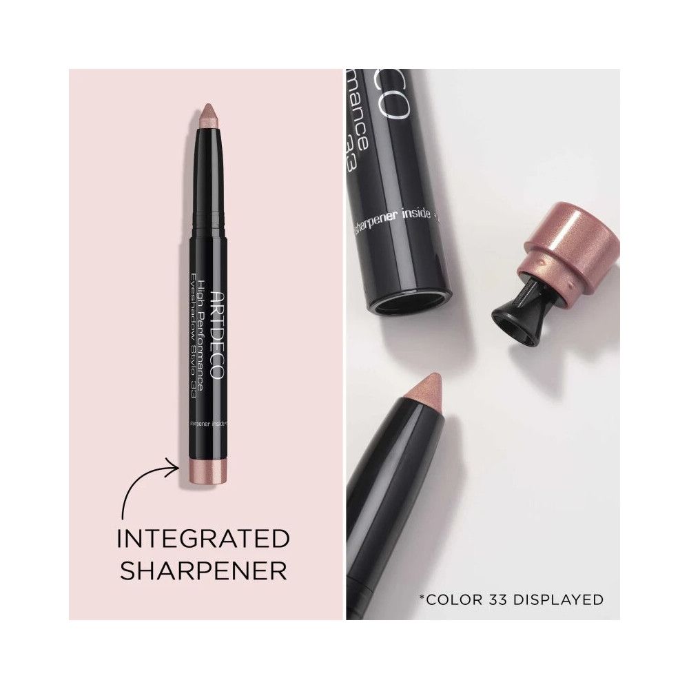 Eyeliner-Stift und integrierter Spitzer. Produktname und Farbnummer.