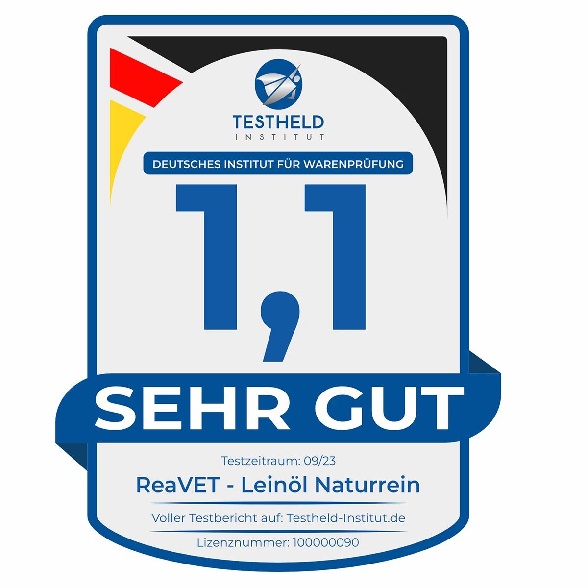 Zertifizierungszeichen des Testheld Instituts. Bewertung: Sehr Gut. Produkt: ReaVET - Leinöl Naturrein.