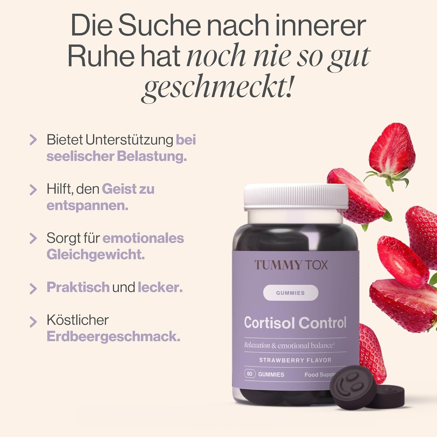 Tummy Tox Gummies-Flasche mit Erdbeeren und Gummibärchen. Text: Unterstützung bei seelischer Belastung, emotionales Gleichgewicht.