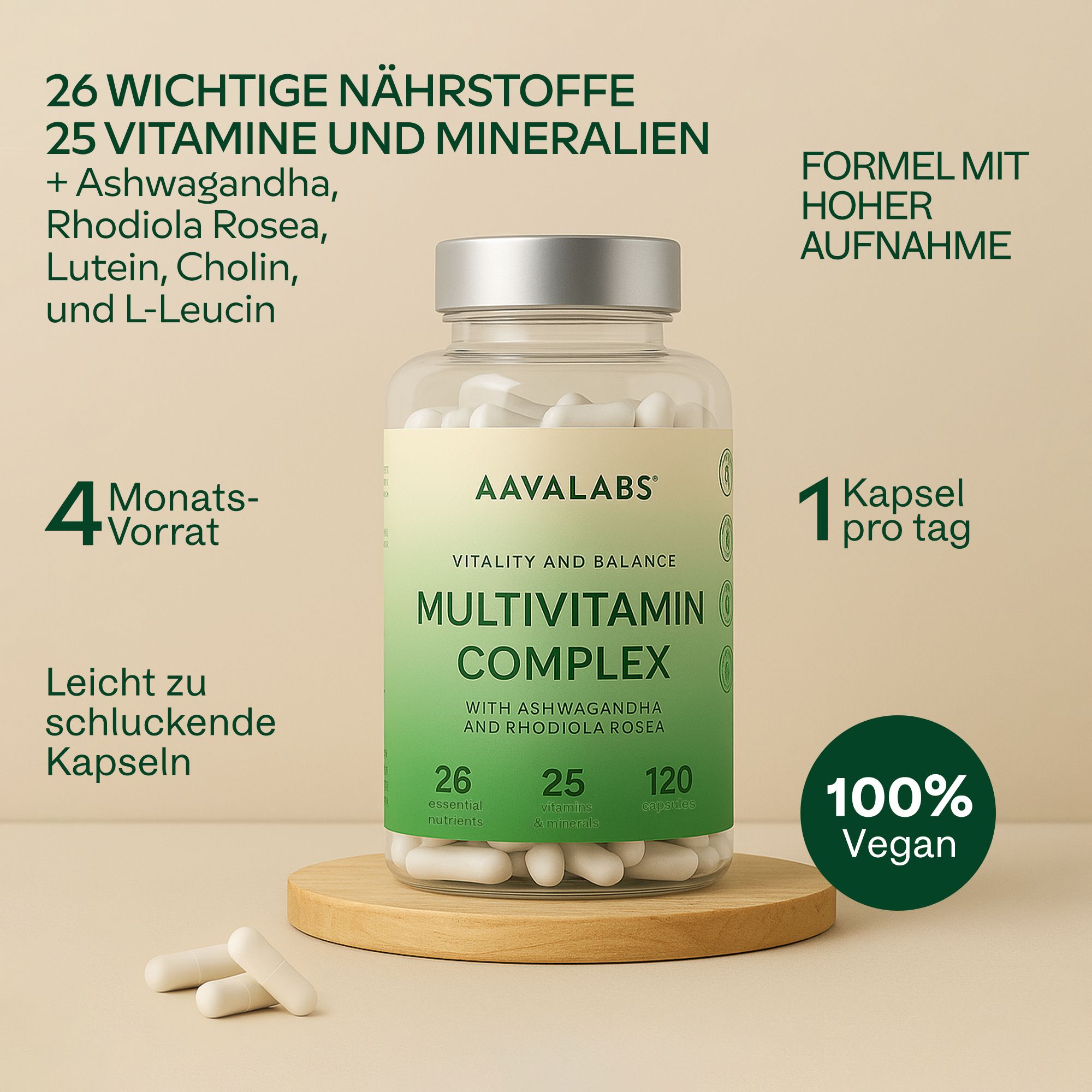 Flasche mit weißen Kapseln. Aufschrift: 26 Vitamine & Mineralien. 100% Vegan. 4 Monate Vorrat. 1 Kapsel pro Tag.