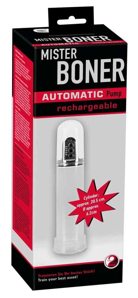 Verpackung von Mister Boner - Automatik Penispumpe. Produkt und Maße auf der Verpackung.