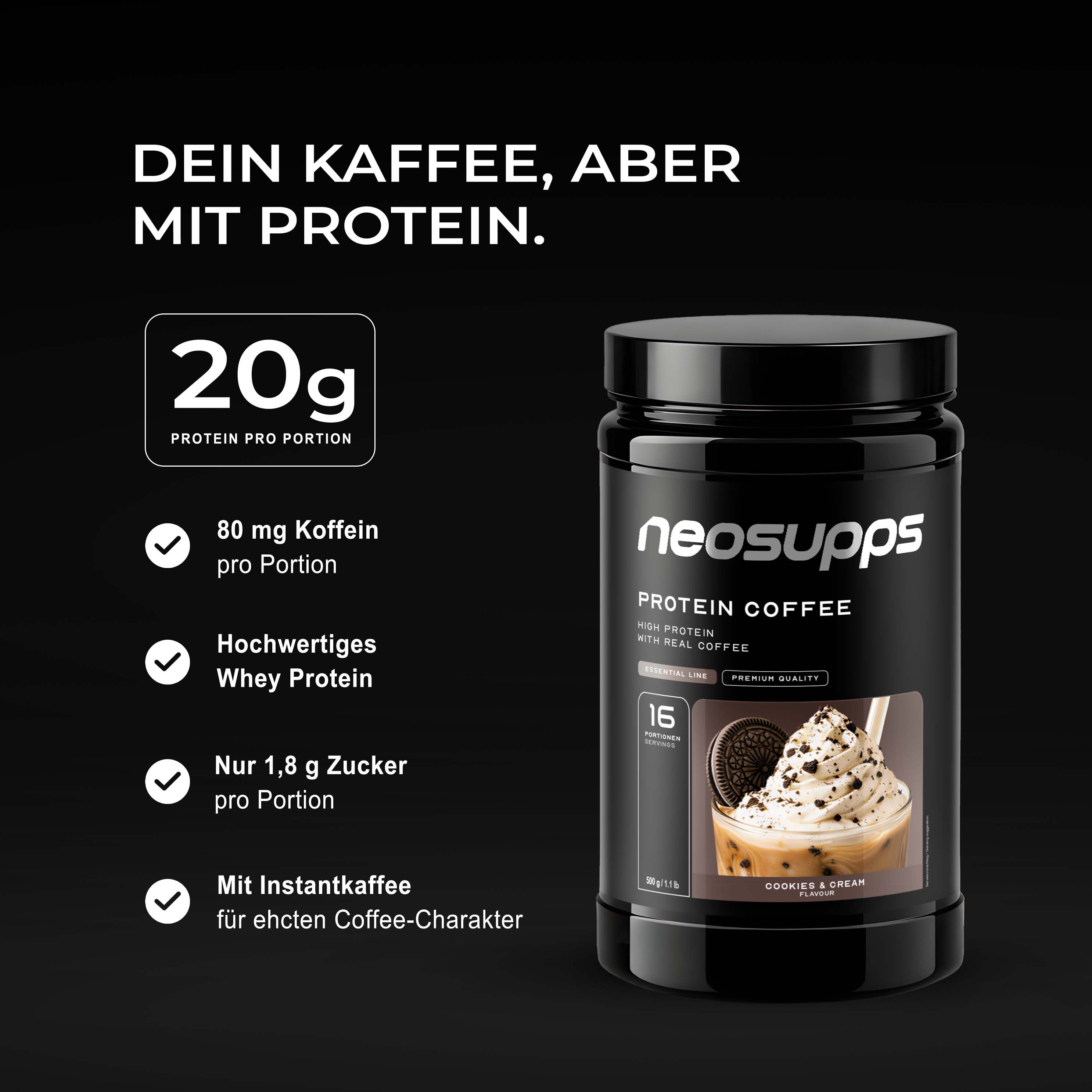 Neosupps Protein Coffee Cookies & Cream, 500g, Proteinpulver mit Kaffee, Proteinshake