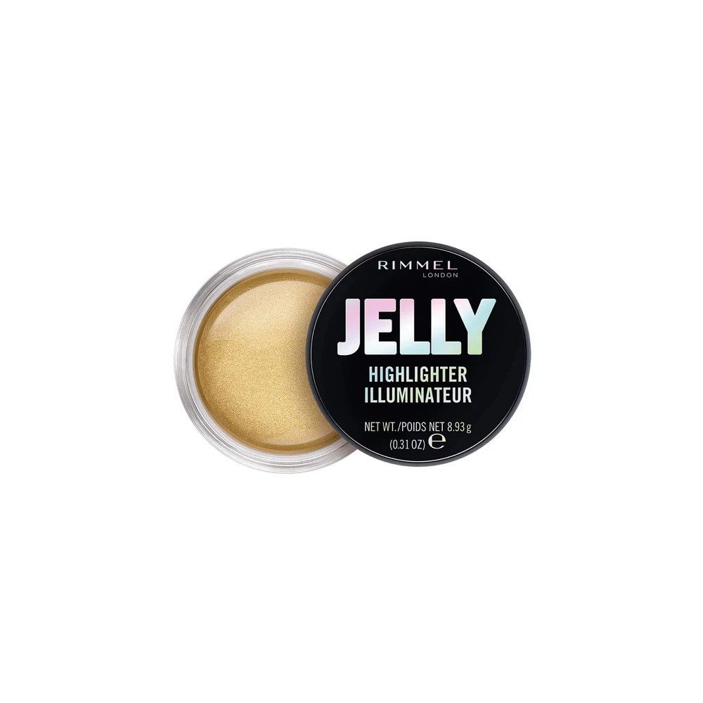 Runder Tiegel mit Deckel. Deckel mit Aufschrift: Rimmel London, Jelly Highlighter Illuminateur. Inhalt sichtbar.
