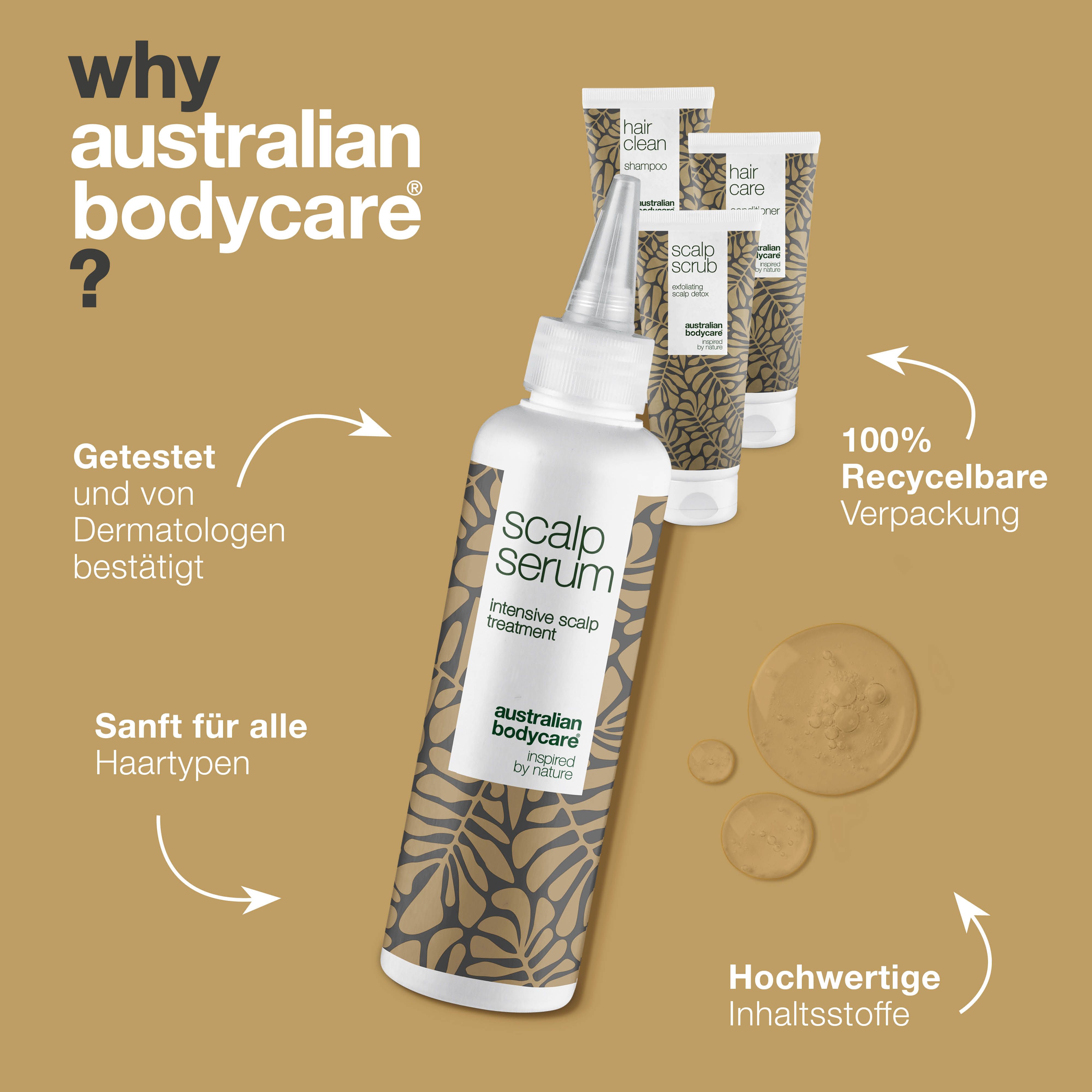 Serum-Flasche mit Produkten. Text: 100% recycelbare Verpackung. Text: Hochwertige Inhaltsstoffe. Text: Dermatologisch getestet.