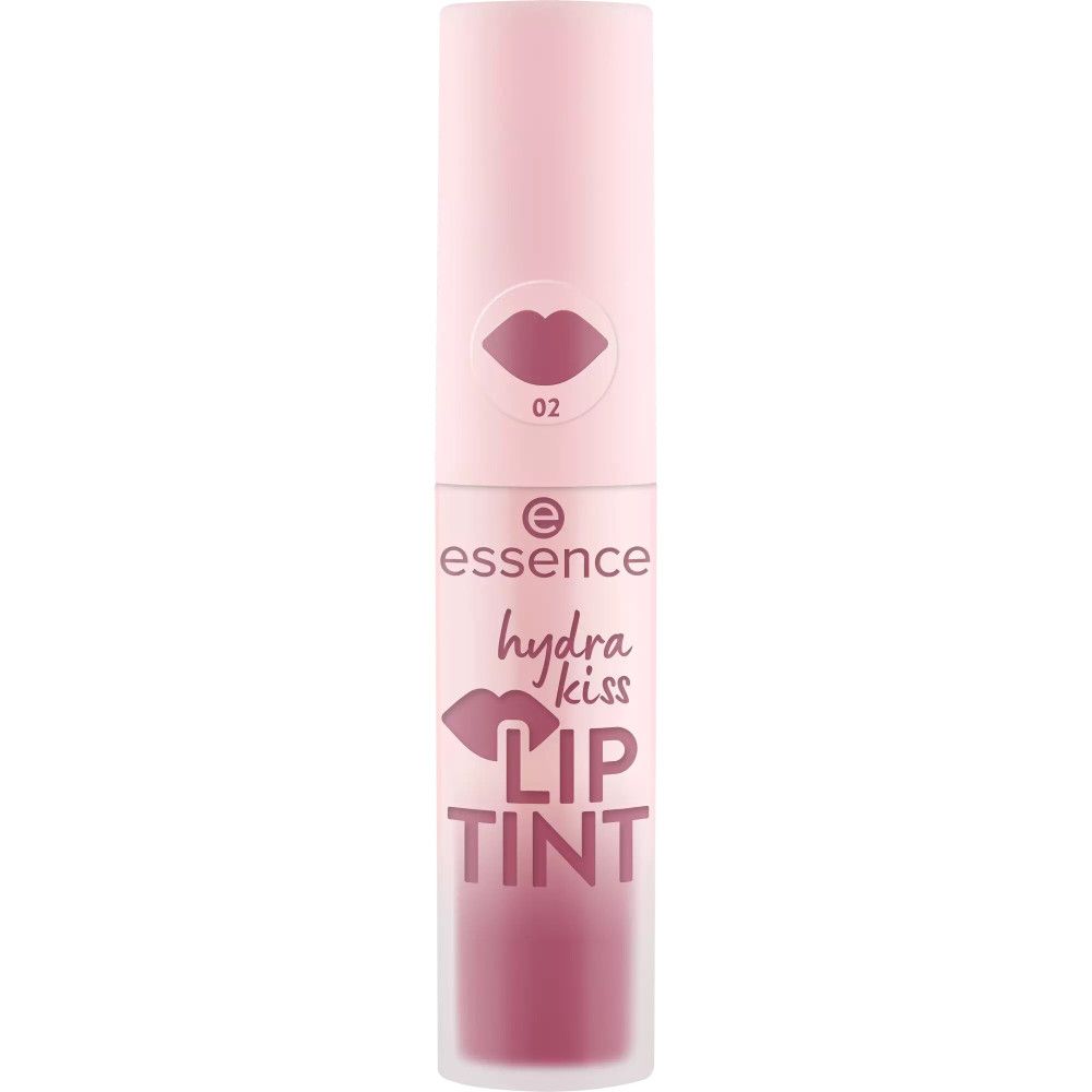Essence Hydra Kiss Lip Tint, rosa Farbton, in Tube. Deckel mit Lippen-Symbol. Produktname und Marke sichtbar.