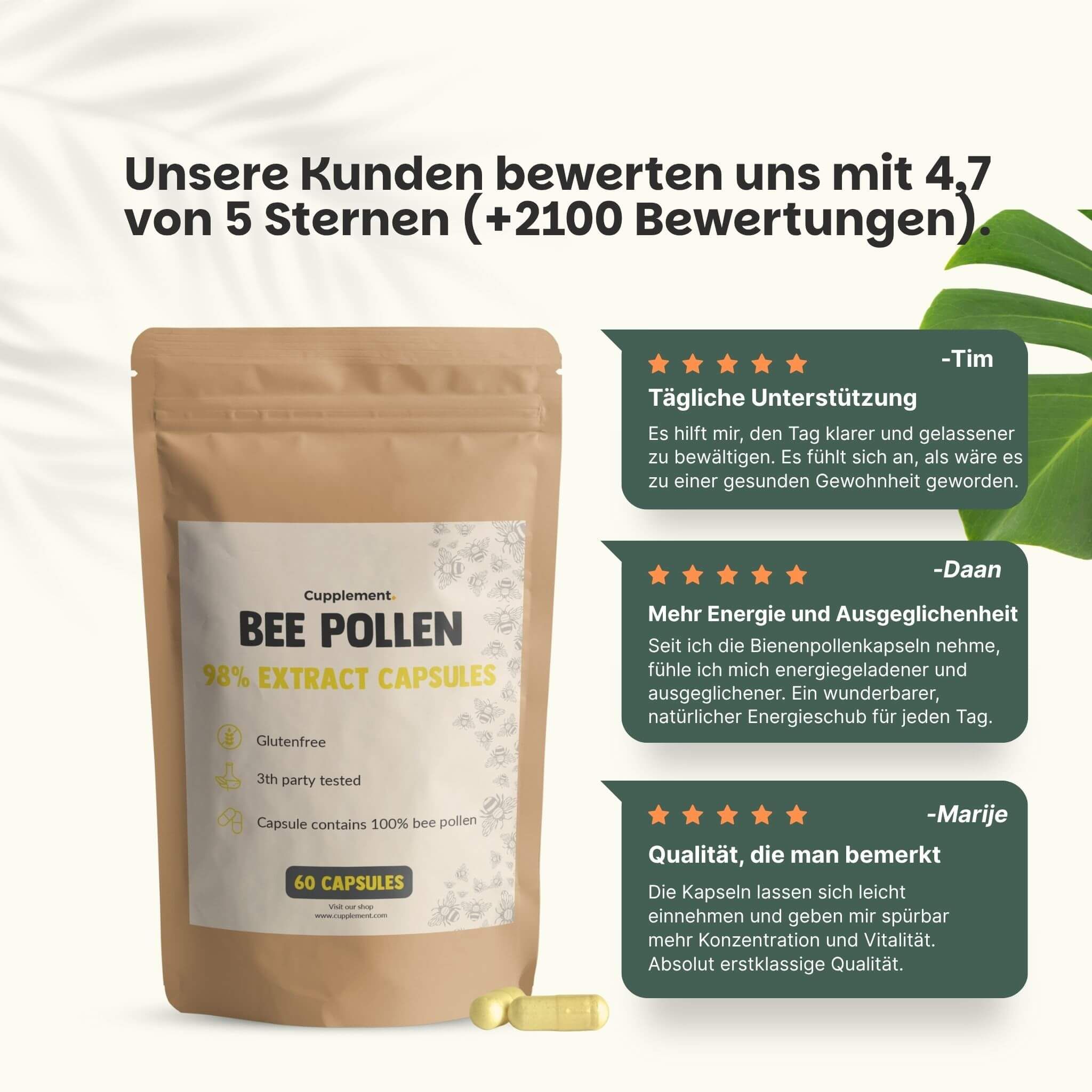 Beutel mit Kapseln. Text: Bee Pollen 98% Extract Capsules. 60 Kapseln. Kundenbewertung 4.7/5. Zitate.