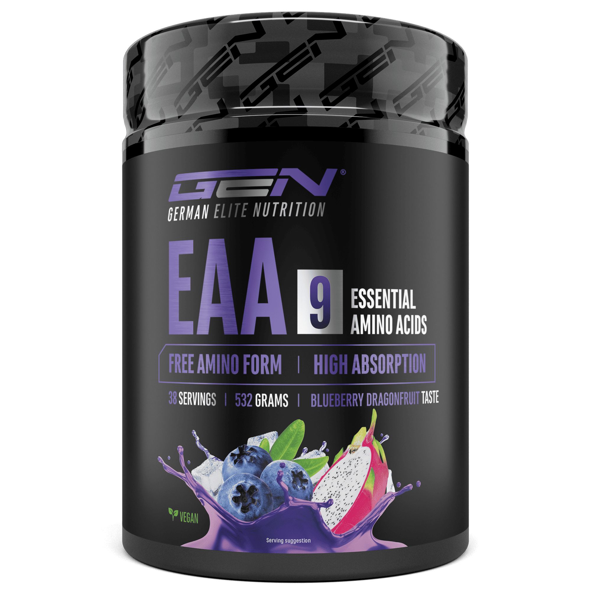 Produktverpackung von GEN EAA 9. Schwarze Dose mit Produktinformationen, darunter 'EAA 9 Essential Amino Acids', 30 Portionen, 532 Gramm.