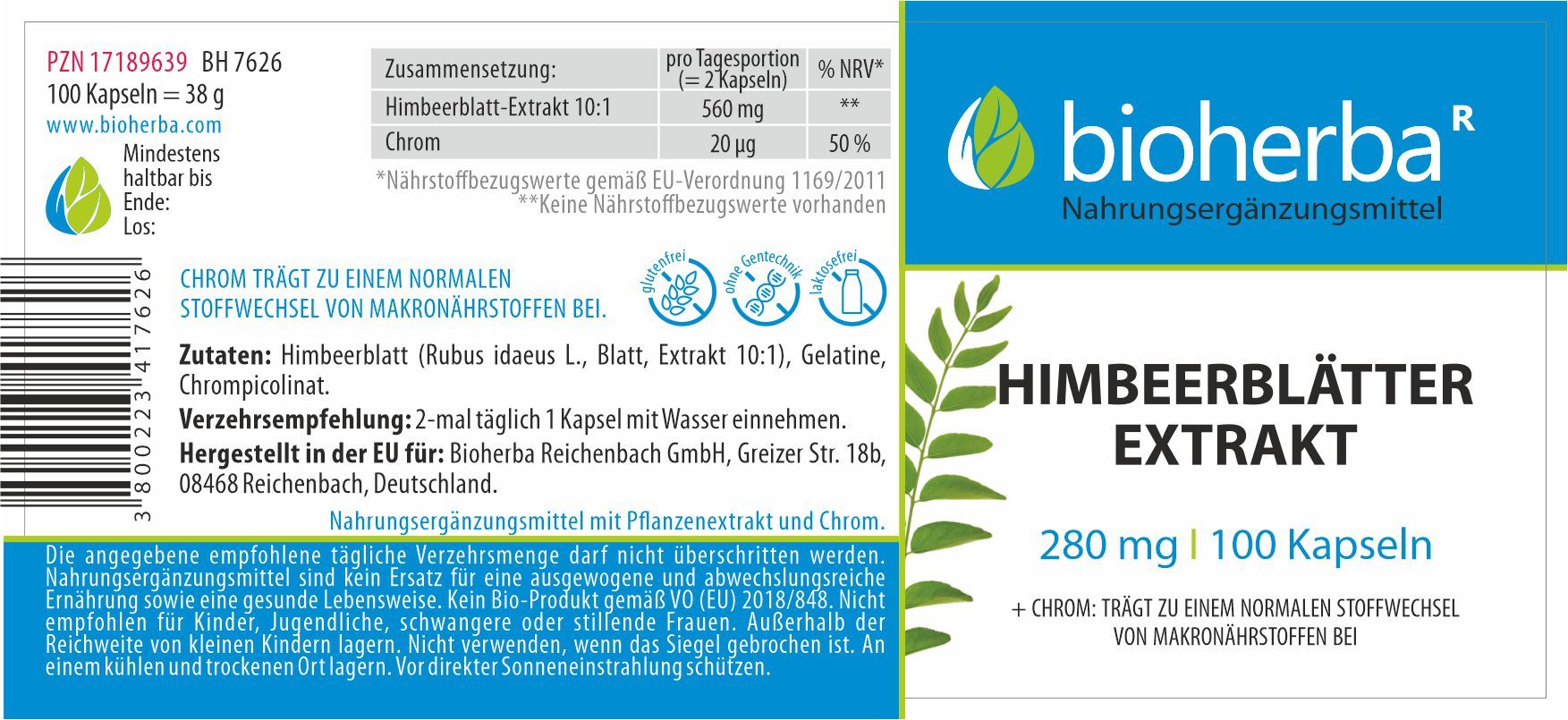Etikett mit Produktinformationen. Enthält Angaben zu Inhaltsstoffen, Dosierung und Hersteller. Text: Himbeerblätter Extrakt, 280 mg, 100 Kapseln.