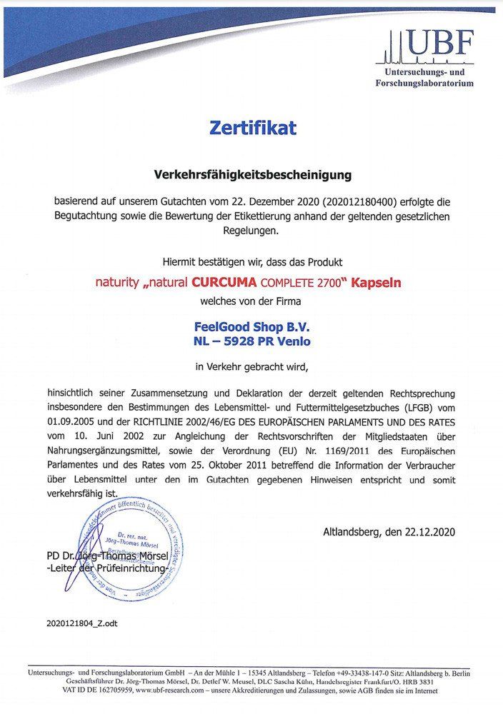 Zertifikat für Naturity CURCUMA Complete 2700 Kapseln. Ausgestellt von UBF. Text in deutscher Sprache.