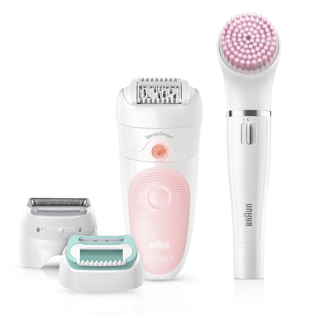 Epilierer, Gesichtsbürste und Trimmer. Weiß und rosa. Zubehör: zwei Aufsätze. Text: Braun Silk-épil 5.