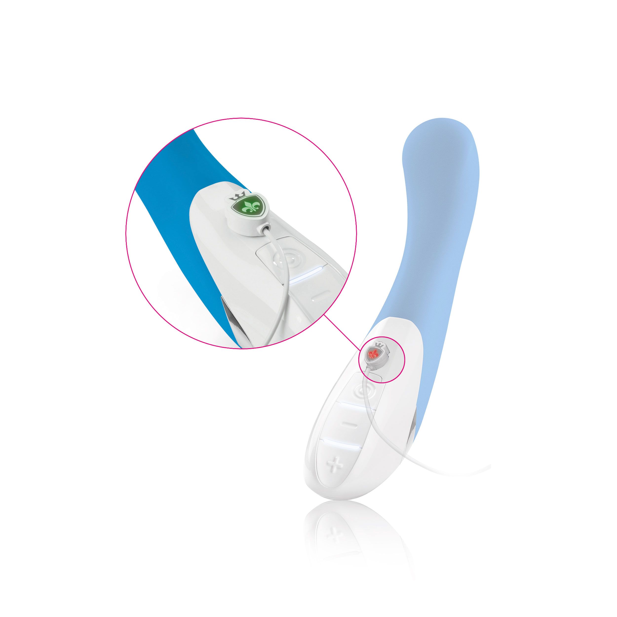 Blauer Vibrator mit weißem Bedienfeld. Vergrößerung des Bedienfelds mit Logo. Roter Punkt auf dem Gerät.