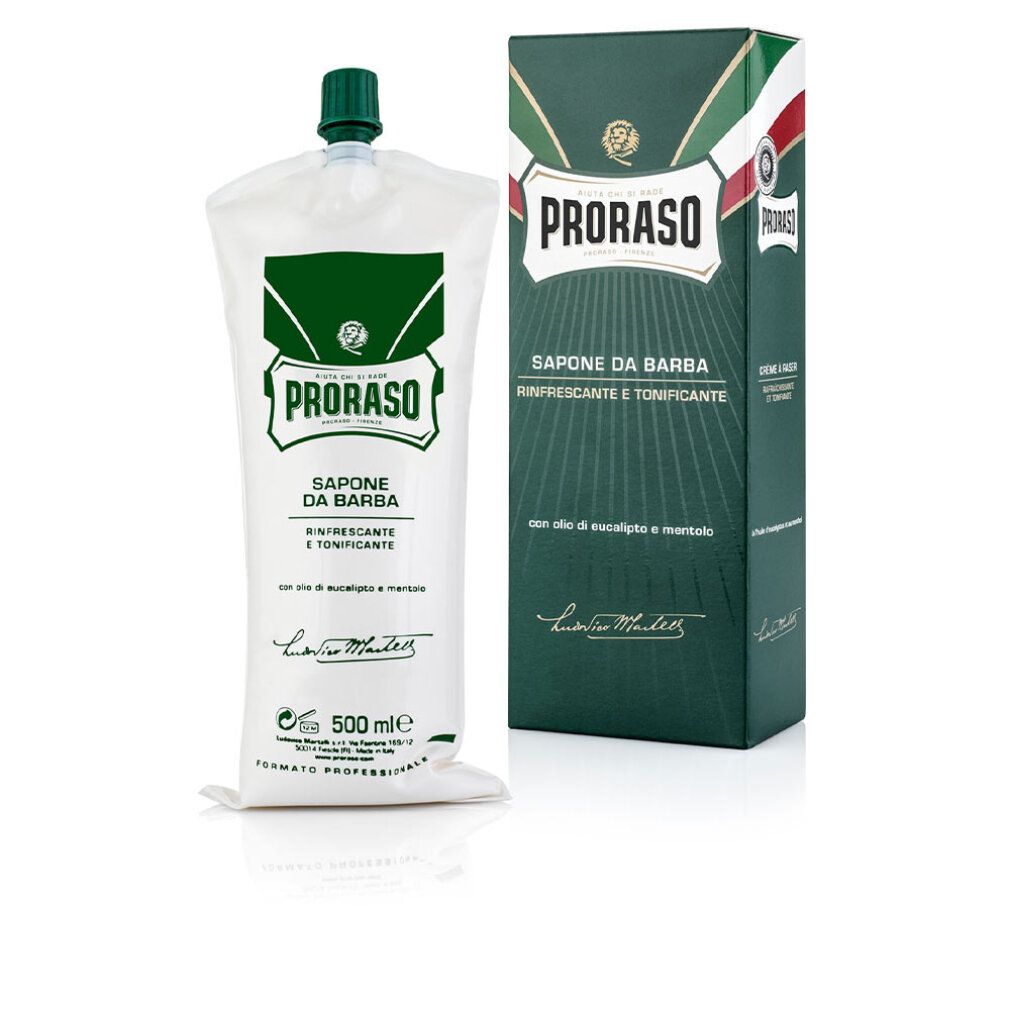 Proraso Rasierschaum-Verpackung und -Beutel. Grün-weißes Design, italienische Flagge. Text: Saponeda Barba, 500 ml.