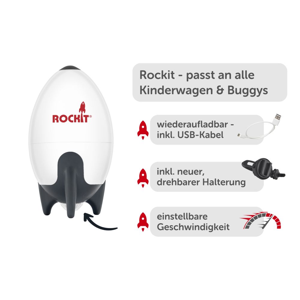 Der Rockit Rocker, weiß mit schwarzen Elementen, wird mit USB-Kabel, drehbarer Halterung und einstellbarer Geschwindigkeit gezeigt. Text: Rockit.