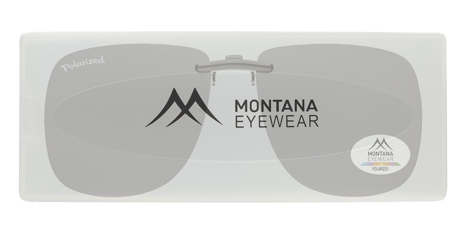 Montana Eyewear Crail Clip-on in transparenter Verpackung. Graue Gläser, Logo und Polarized-Aufkleber sichtbar.