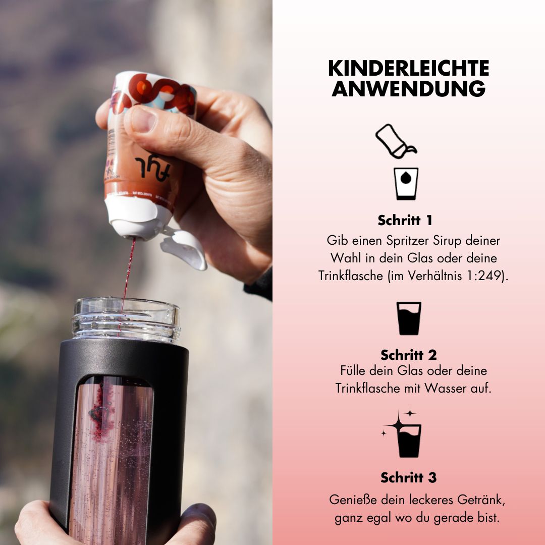 Hände füllen Getränk aus "fyl Roter Apfel" Sirup in Flasche. Schrittweise Anleitung.