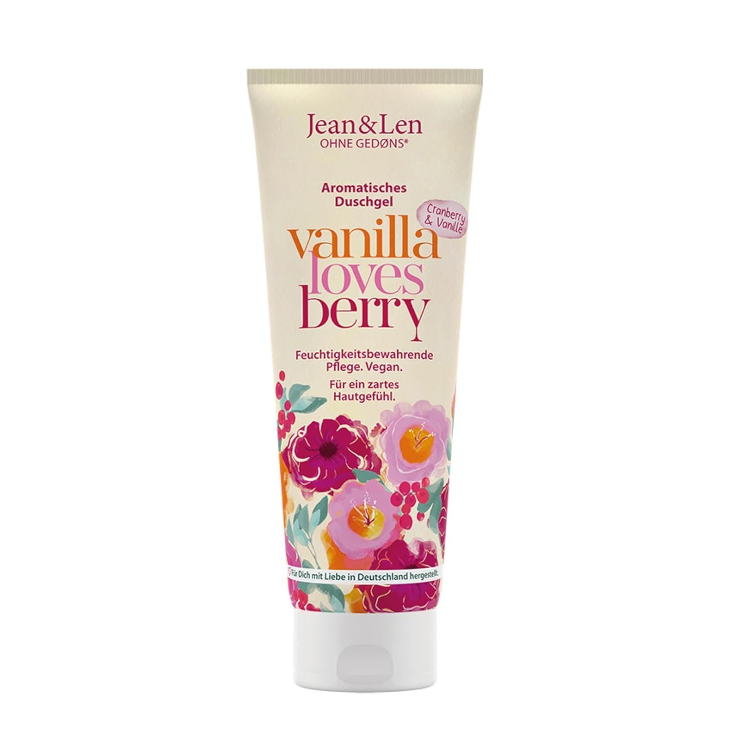 Cremefarbene Tube Duschgel mit floralem Design. Aufschrift: "Jean & Len", "vanilla loves berry", "Cranberry & Vanille".