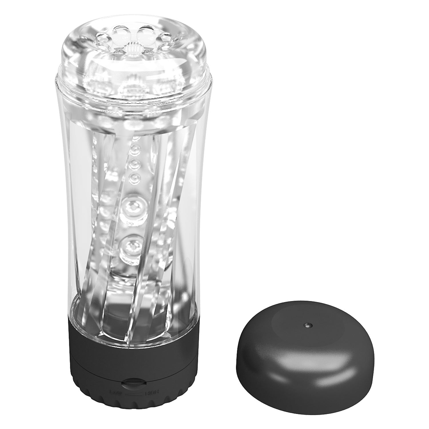 Zylindrisches Gerät mit transparentem Gehäuse und schwarzem Sockel. Separater schwarzer Deckel. Sichtbare Innenstruktur.