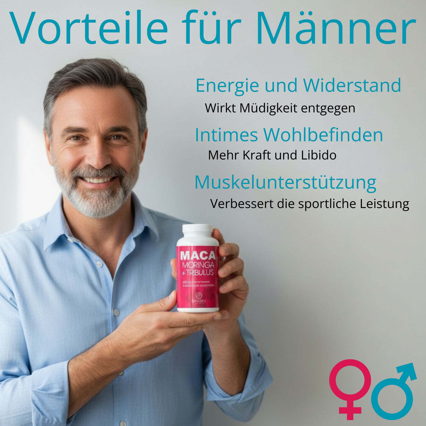 Mann hält Flasche des Nahrungsergänzungsmittels, Vorteile für Männer werden genannt.