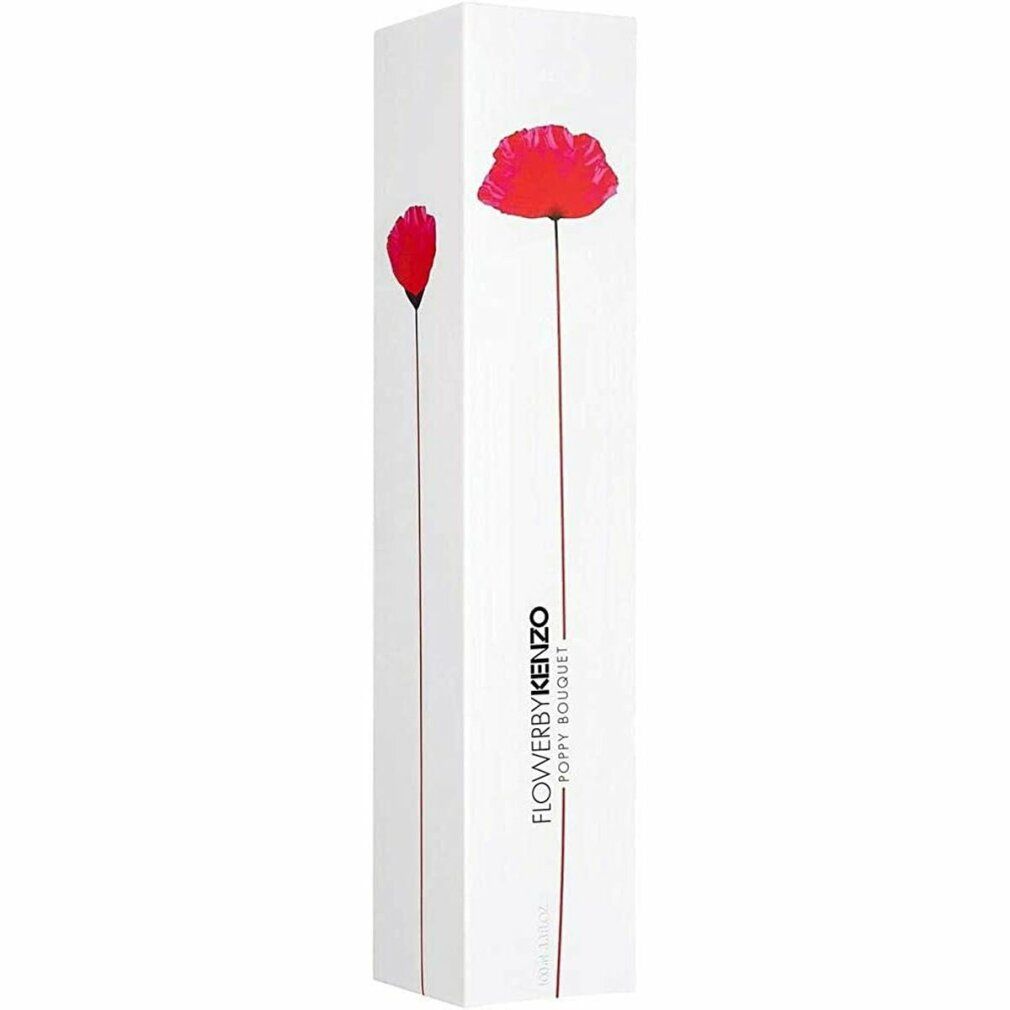 Weiße Verpackung mit zwei roten Mohnblumen-Illustrationen. Schriftzug: FLOWERS BY KENZO Poppy Bouquet.